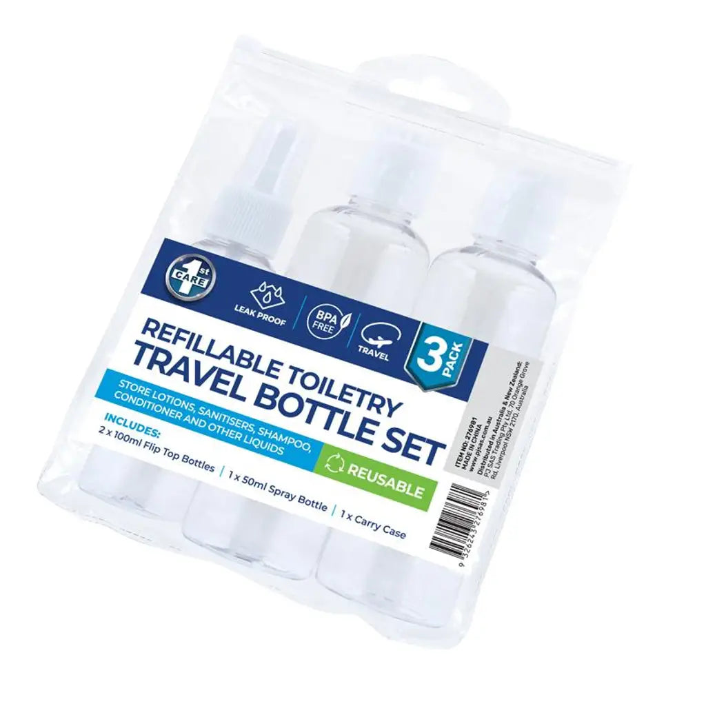 1st Care Refillable Travel Bottle Set 3Pk With Clear Resealable Bag Includes Flip Top 100ml 2Pk Spray Bottle 50ml 1Pk 276981