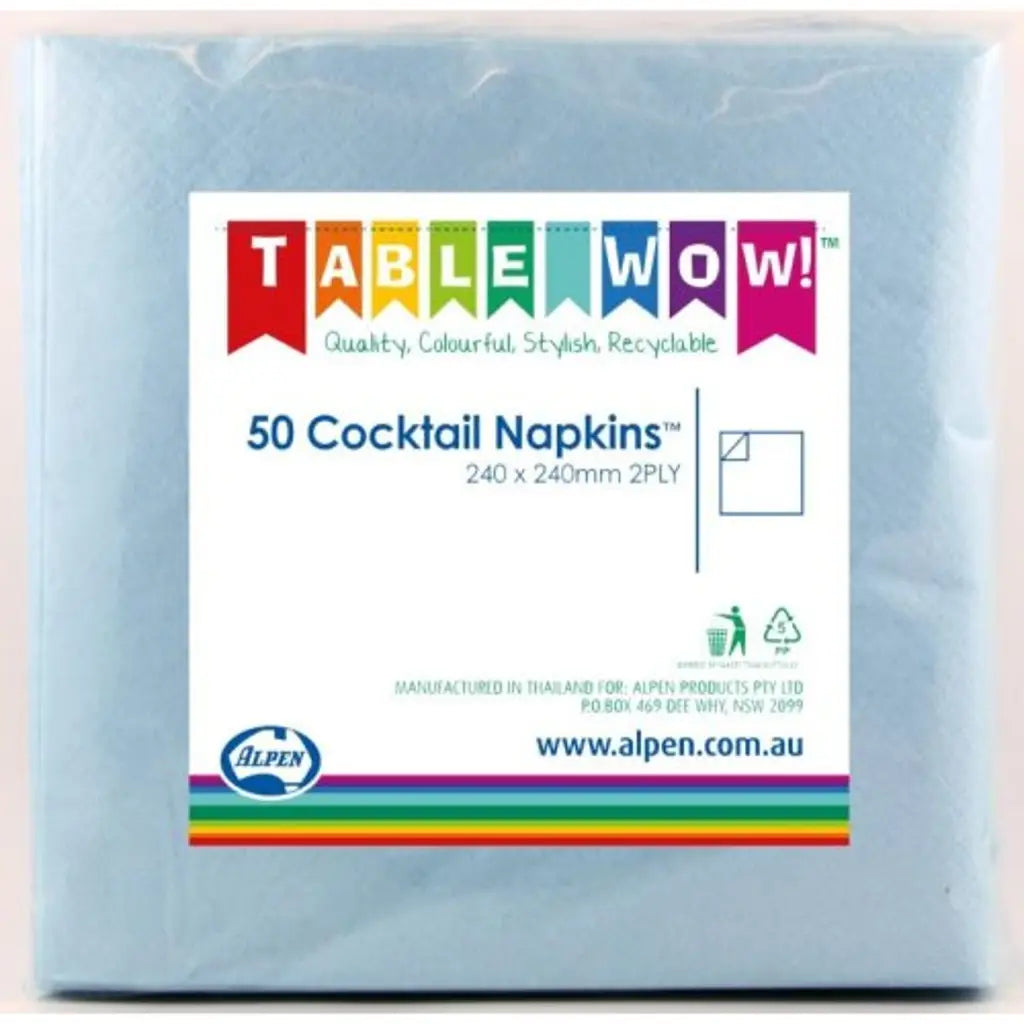Alpen Cocktail Napkins Light Blue 250x250mm 2Ply 50Pk 380075