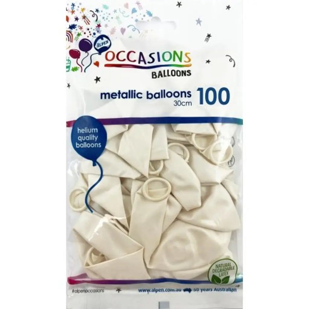 Alpen Decrotex Latex Balloon Metallic White 30cm 100Pk 203236