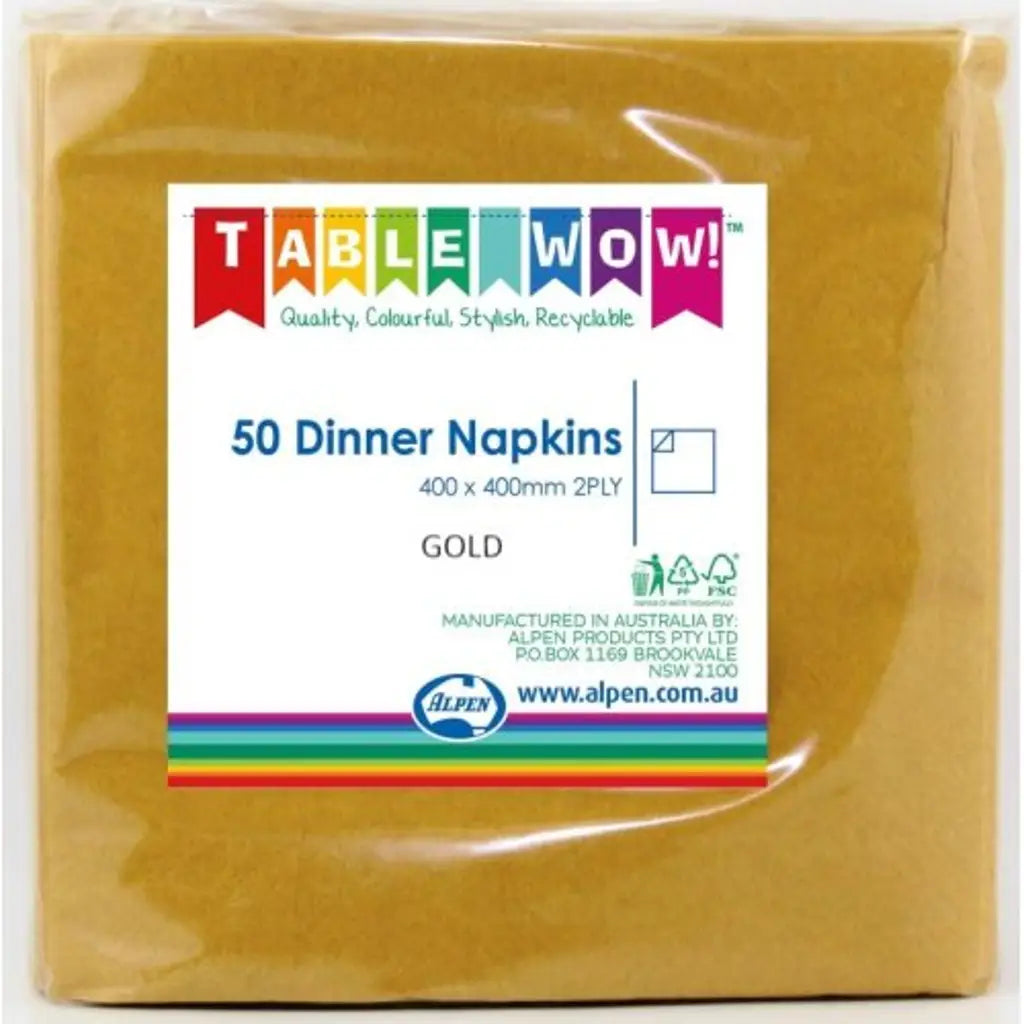 Alpen Dinner Napkins Gold 400x400mm 2Ply 50Pk 380231