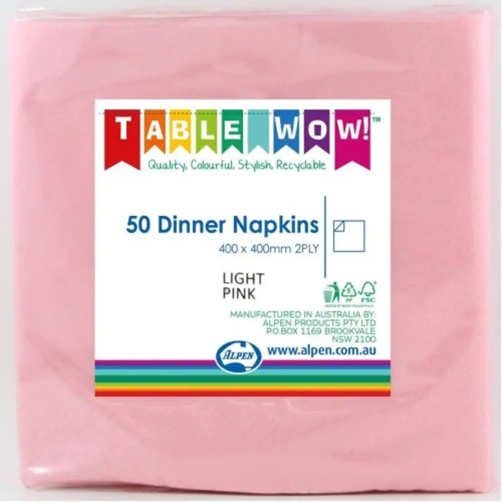 Alpen Dinner Napkins Light Pink 400x400mm 2Ply 50Pk 380204