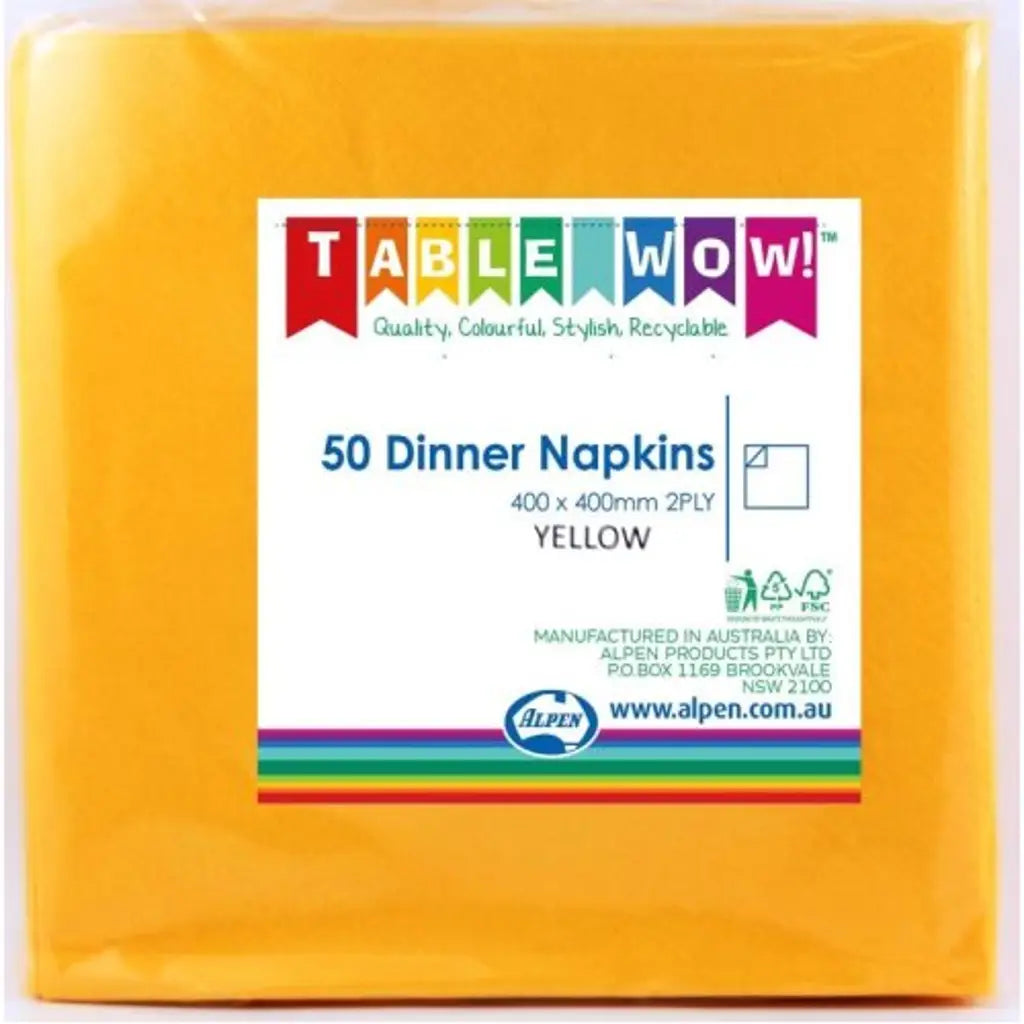Alpen Dinner Napkins Yellow 400x400mm 2Ply 50Pk 380225