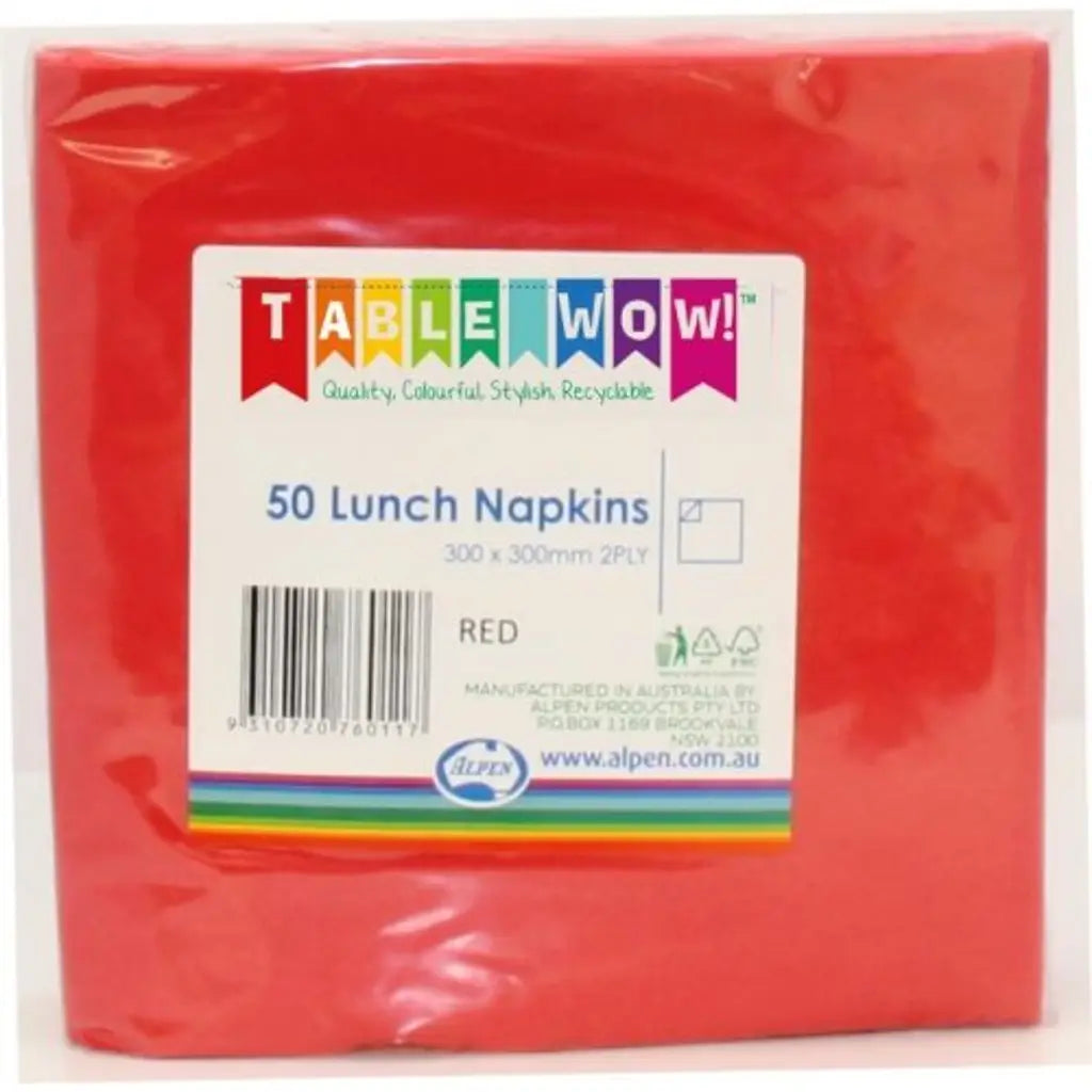 Alpen Lunch Napkins Red 330x330mm 2Ply 50Pk 380116