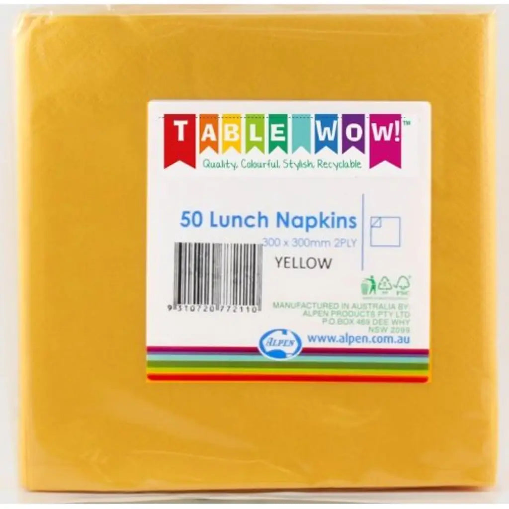 Alpen Lunch Napkins Yellow 330x330mm 2Ply 50Pk 380125