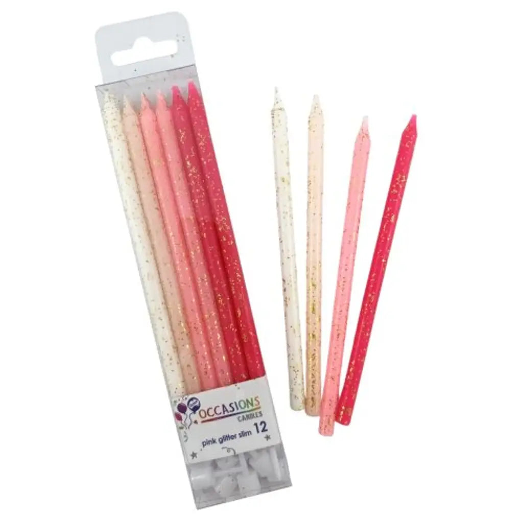 Alpen Occasions Birthday Candles Glitter Slim Pink 120mm 12Pk 431196