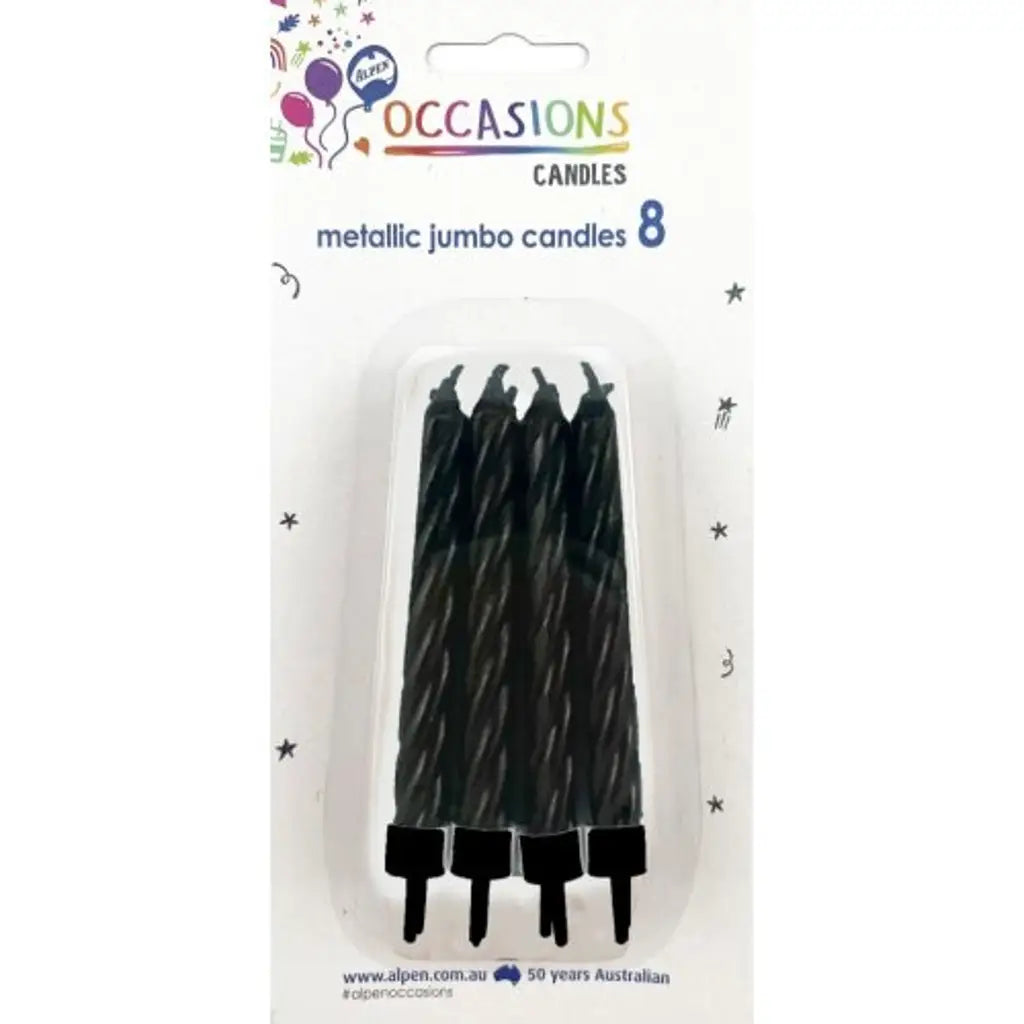 Alpen Occasions Birthday Candles Jumbo Metallic Spiral With Holders Black 8Pk 431155