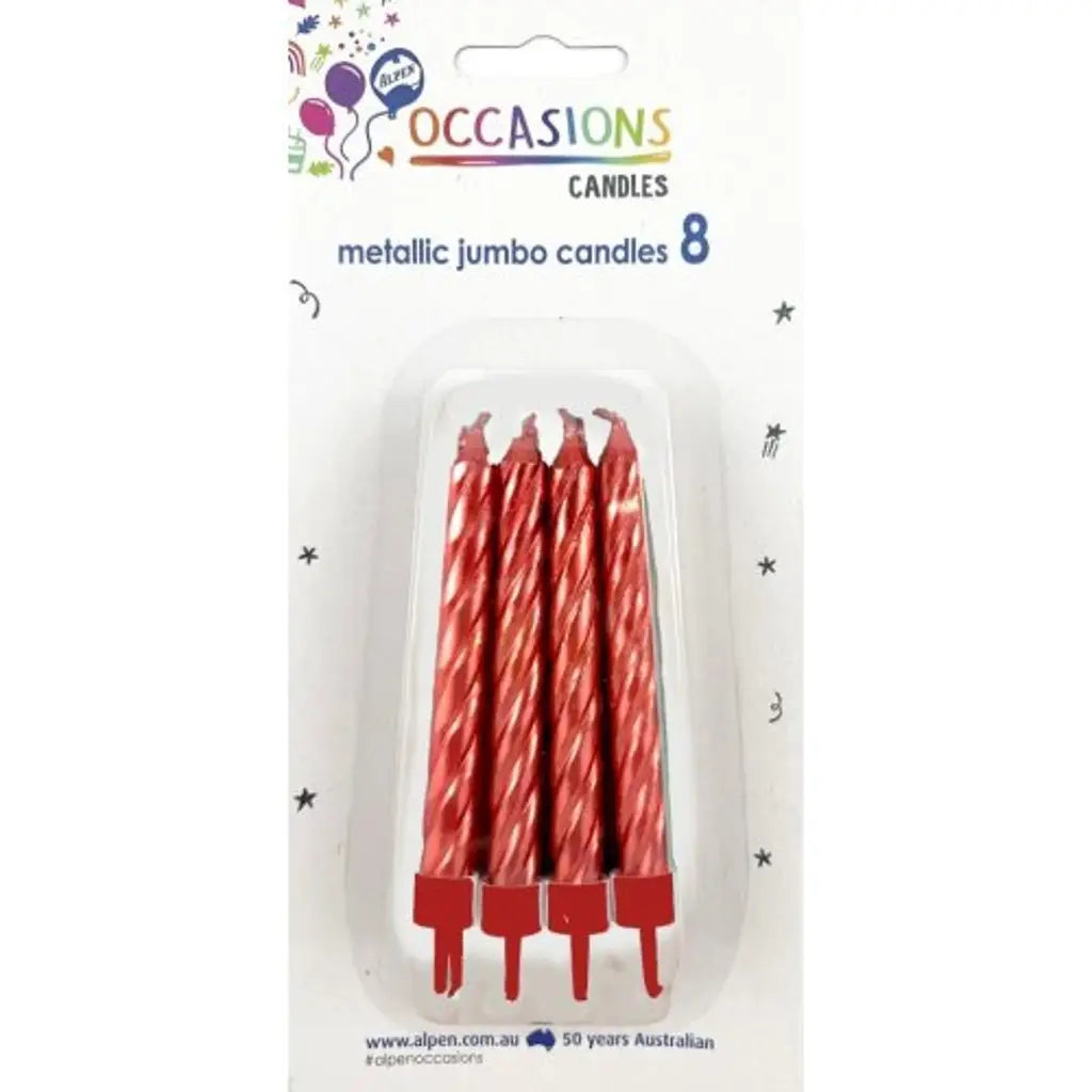 Alpen Occasions Birthday Candles Jumbo Metallic Spiral With Holders Red 8Pk 431157