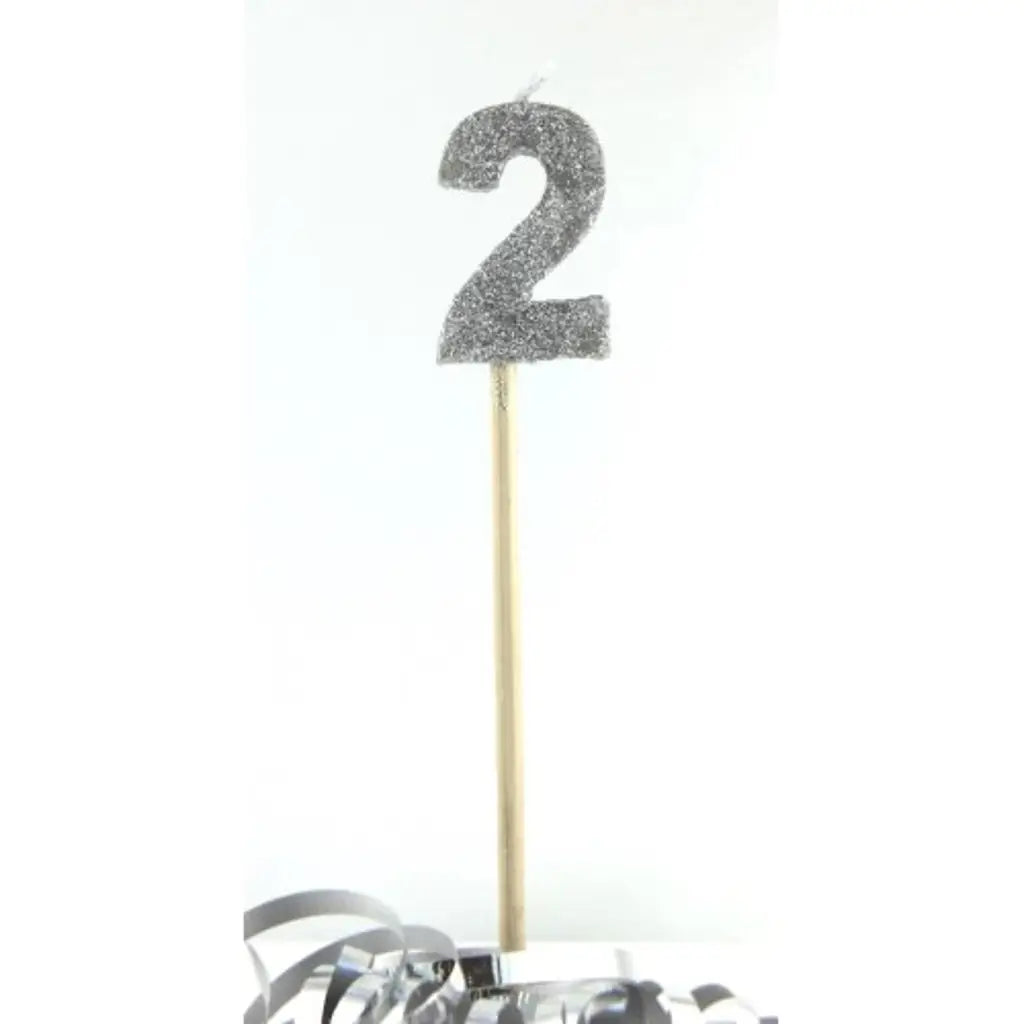Alpen Occasions Birthday Candles Number 2 Long Stick Glitter Silver 447902