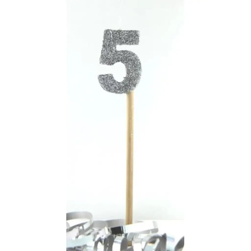 Alpen Occasions Birthday Candles Number 5 Long Stick Glitter Silver 447905