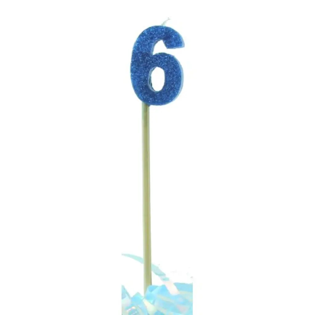 Alpen Occasions Birthday Candles Number 6 Long Stick Glitter Blue 447706