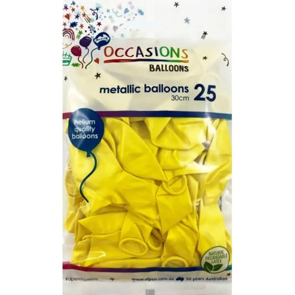 Alpen Occasions Latex Balloon Metallic Yellow 30cm 25Pk 203145