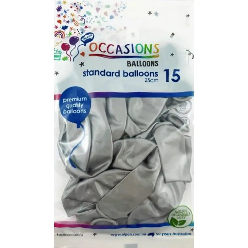 Alpen Occasions Latex Balloon Silver 25cm 15Pk 203453