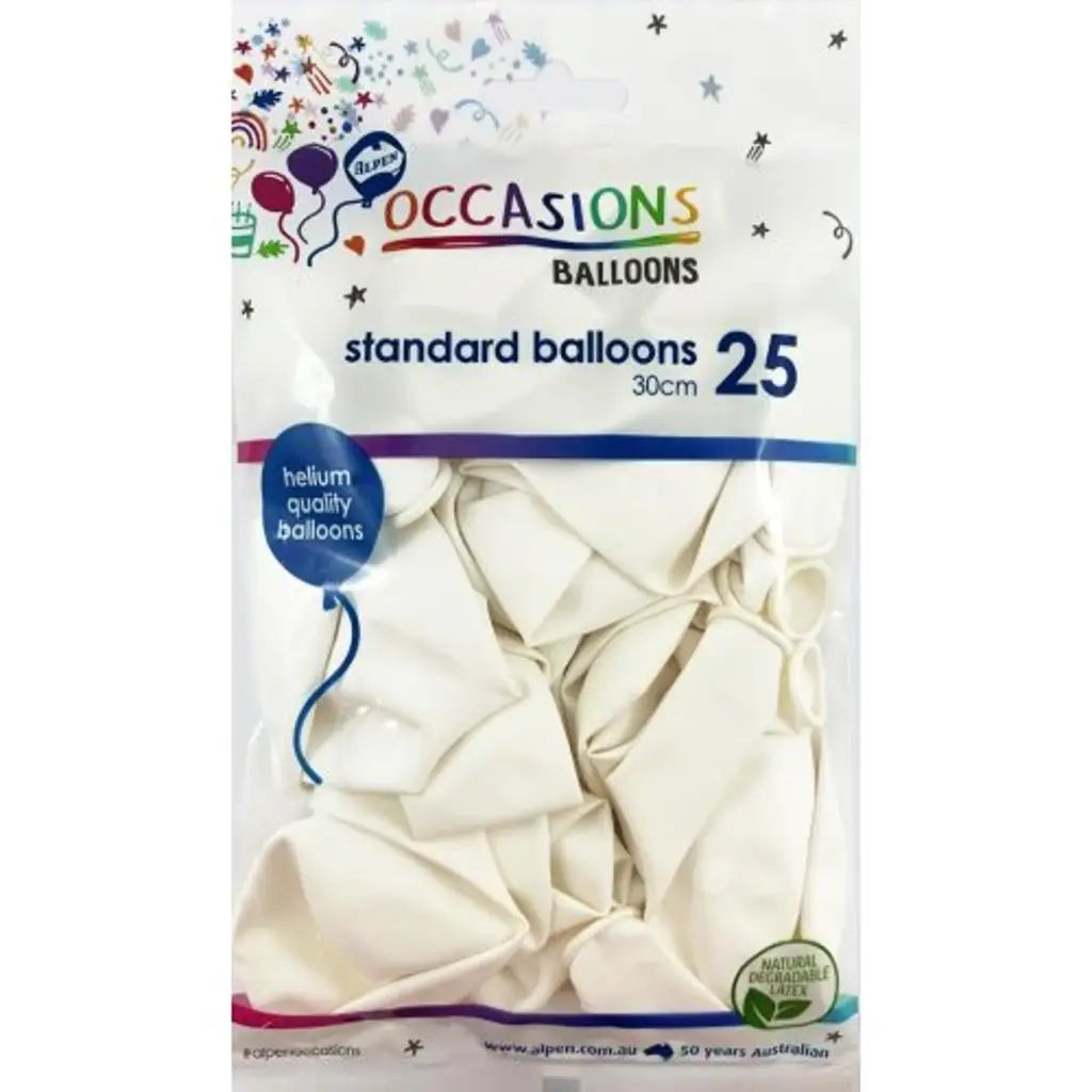 Alpen Occasions Latex Balloon Standard White 30cm 25Pk 203116