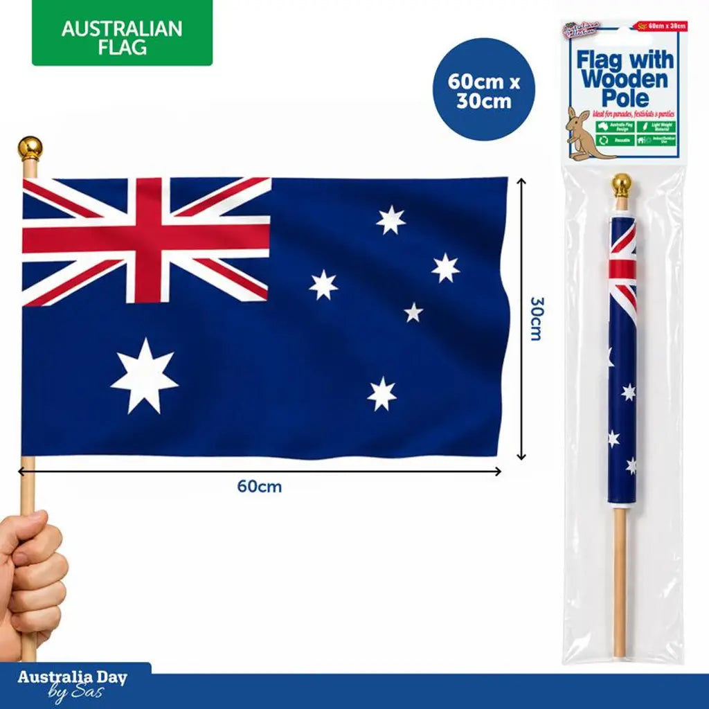 Australian Flag With Wooden Pole 60x30cm Pole Size 1x76cm 116225