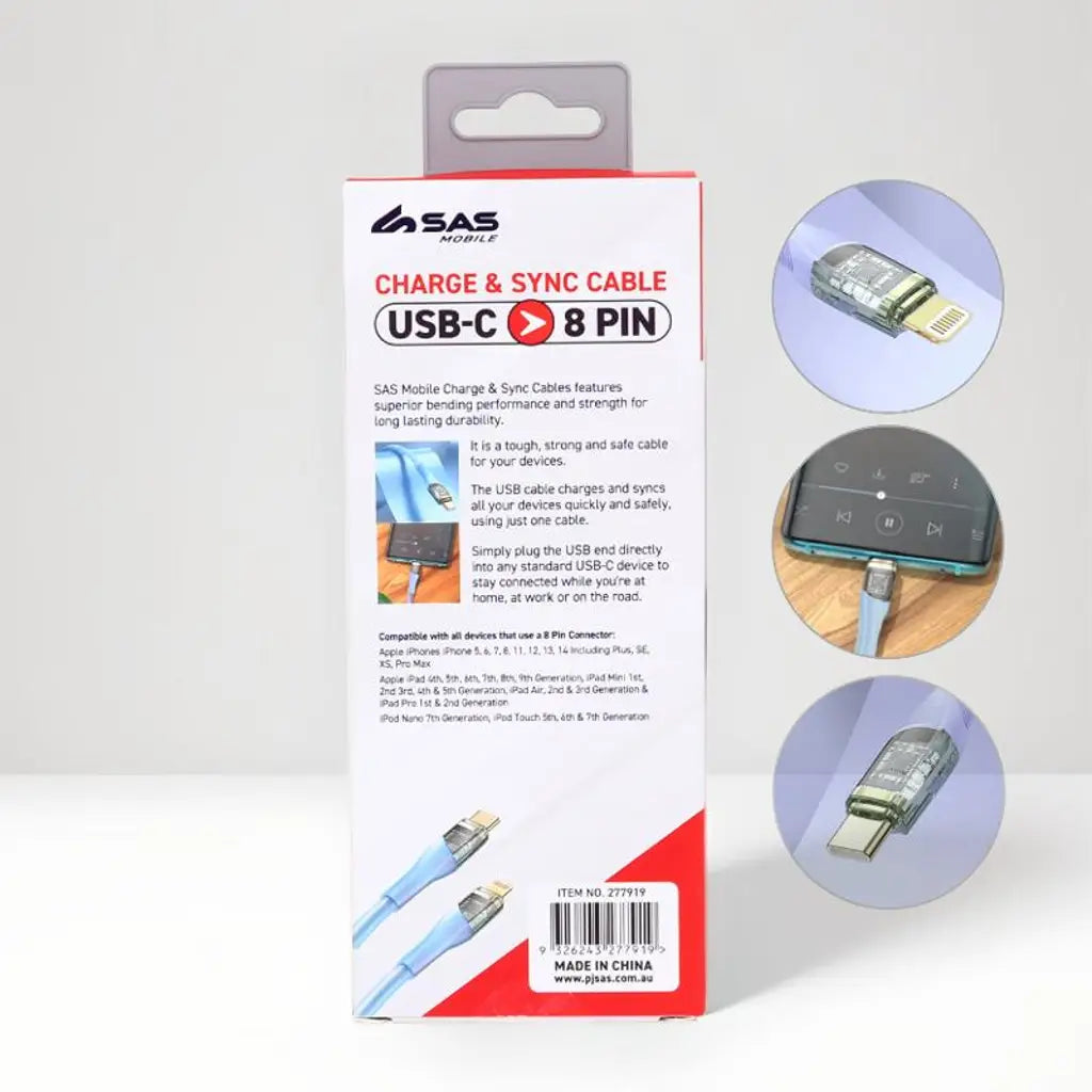 Charge & Sync Usb C To 8 Pin Pvc Cable - Suitable For Iphone Devices Blue & Purple 2m 277919
