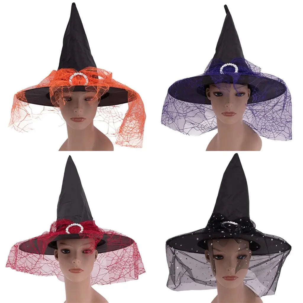 Halloween Witch Hat W/Mesh Veil 4 Asst HW46447