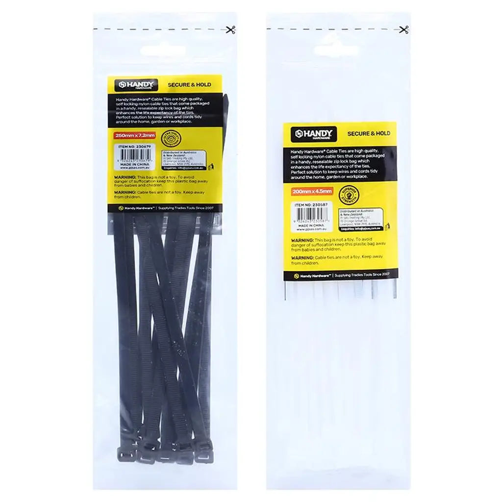 Handy Hardware Heavy Duty Cable Ties Black 250x7.2mm 12Pcs 230679