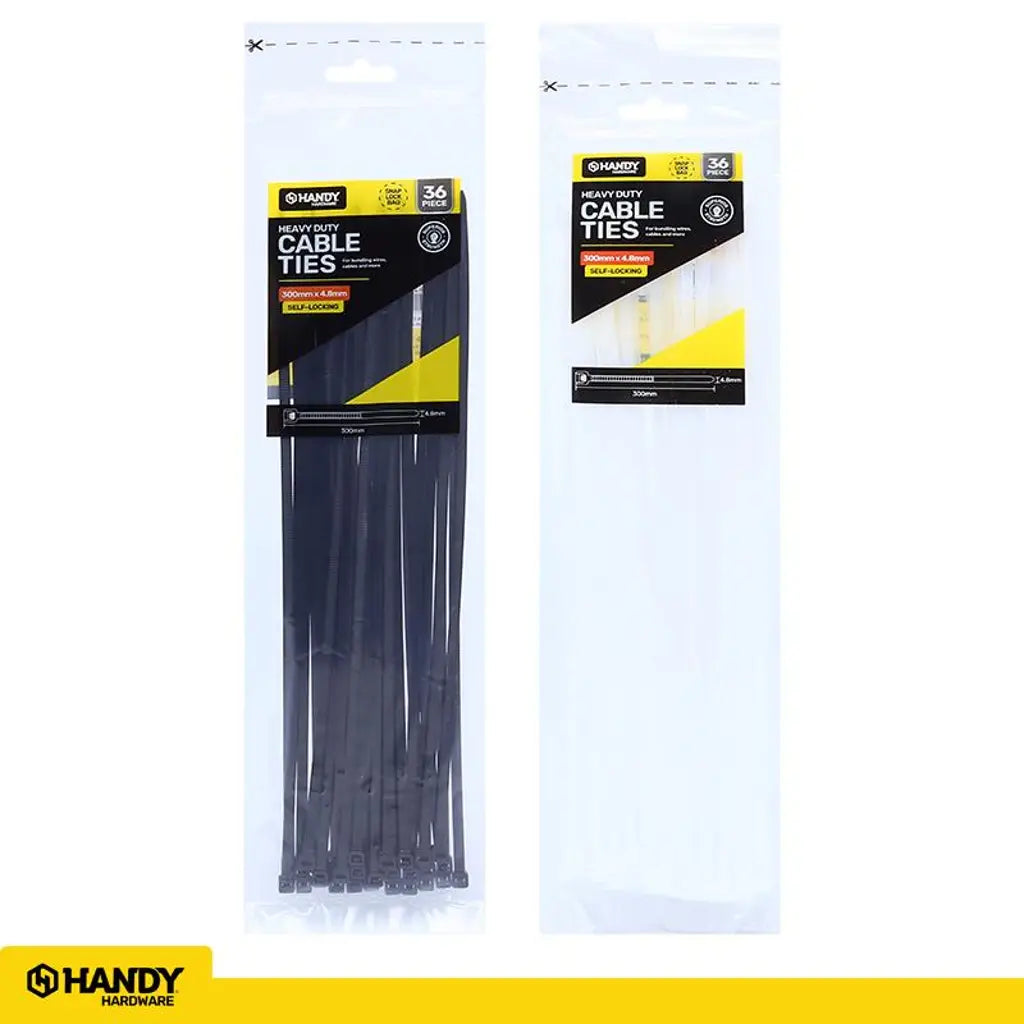 Handy Hardware Heavy Duty Cable Ties Black Or Clear 300x4.8mm 36Pcs 230594