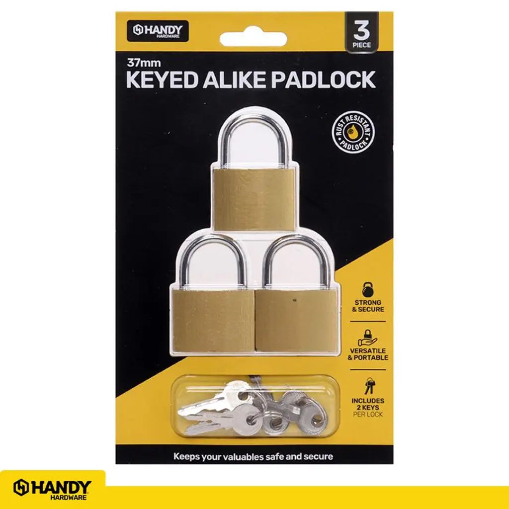 Handy Hardware Padlock Keyed Alike 37mm Includes 2 Keys Per Lock 3Pk 243150