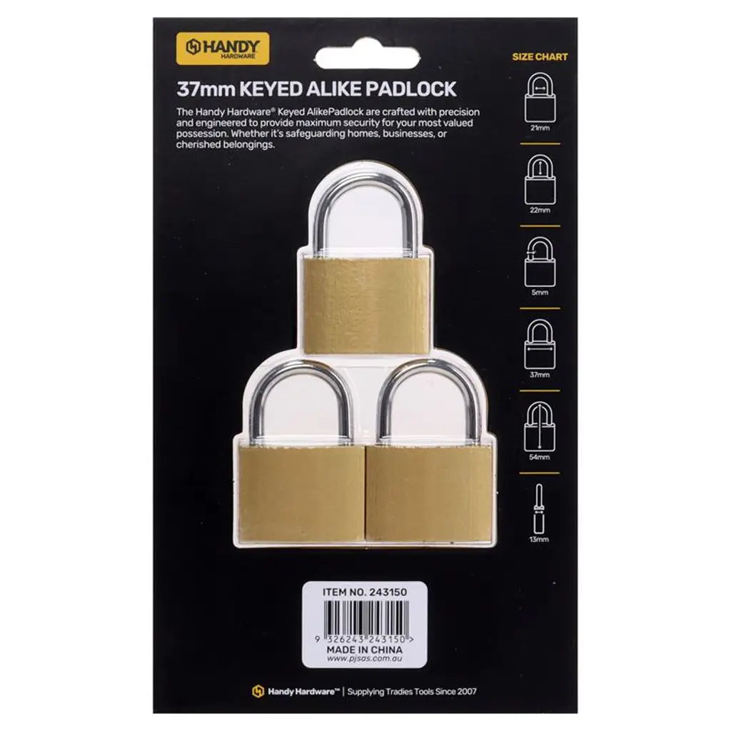 Handy Hardware Padlock Keyed Alike 37mm Includes 2 Keys Per Lock 3Pk 243150