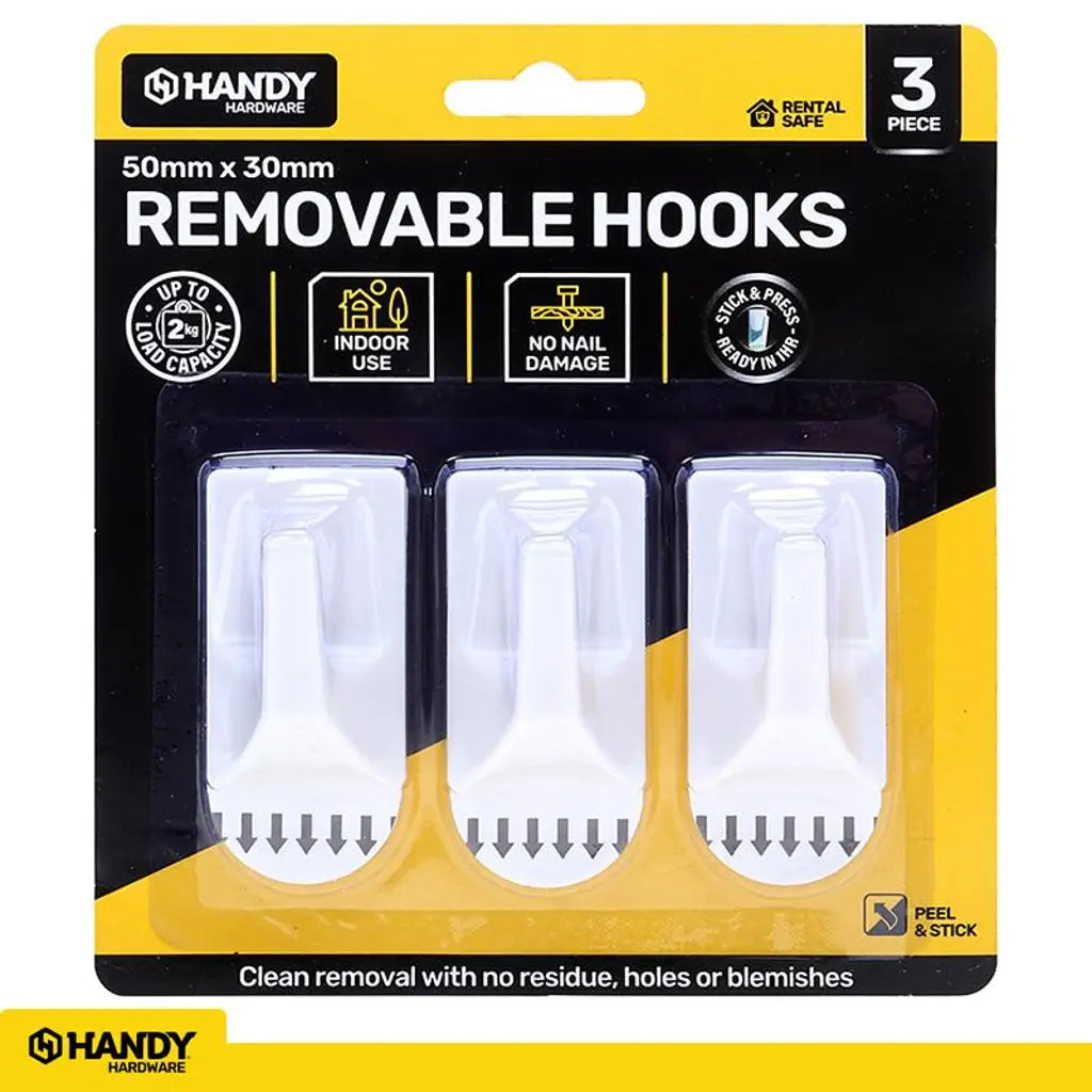 Handy Hardware Removable Rectangle Hooks 50x30mm 2Kg 3Pk 218028