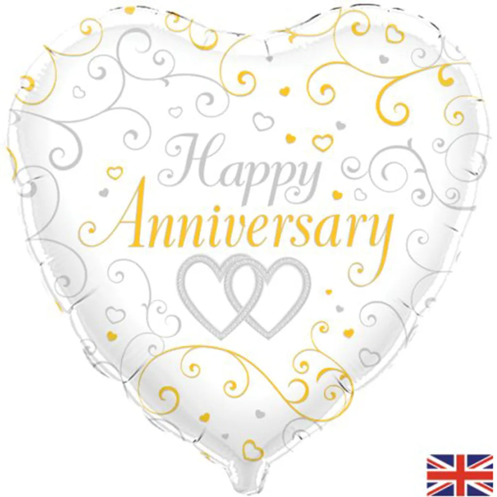 OaktreeUK Foil Balloon Happy Anniversary Linked Heart White 18in 210761