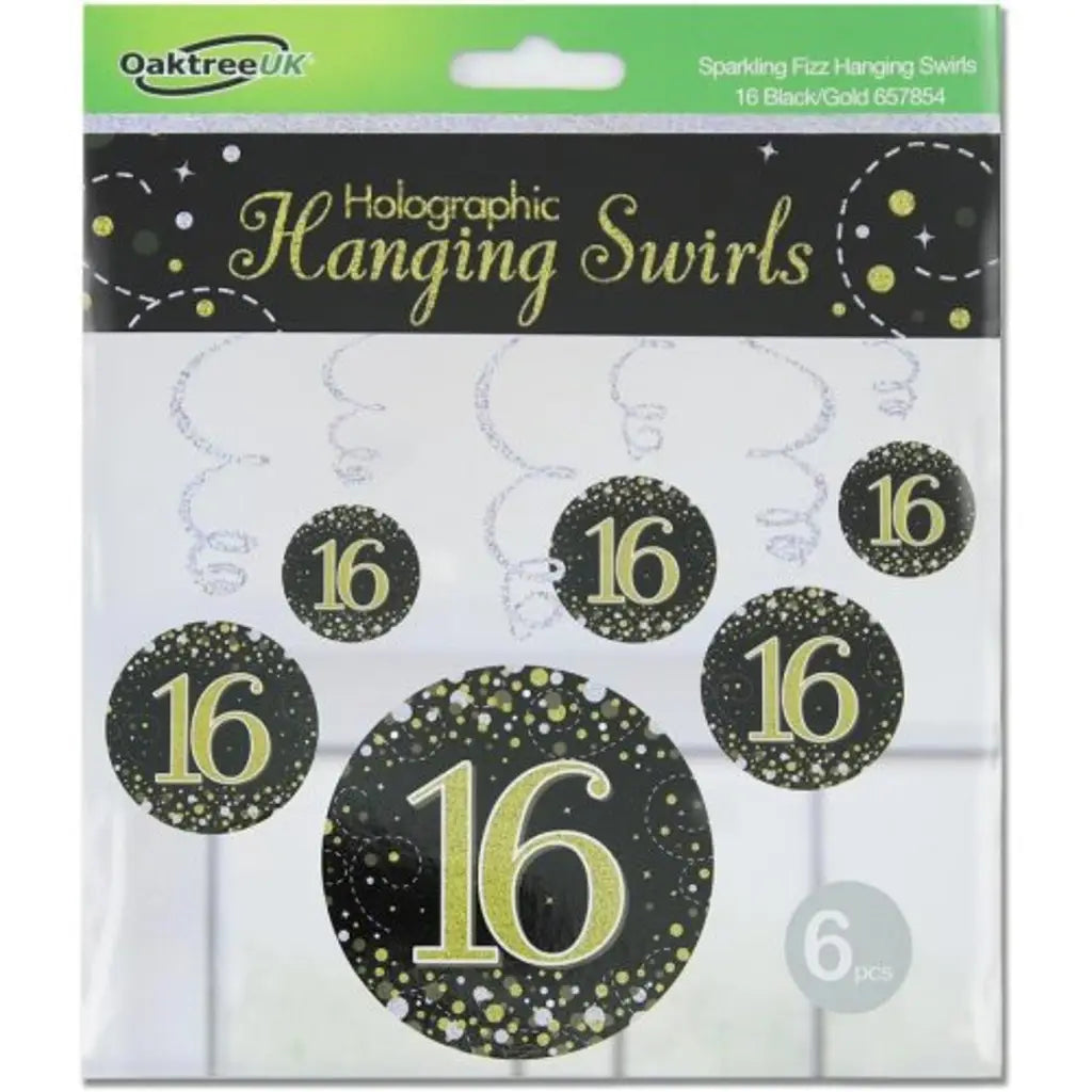 OaktreeUK Hanging Swirls 16 Birthday Sparkle Fizz Black Gold 6Pk OT657854