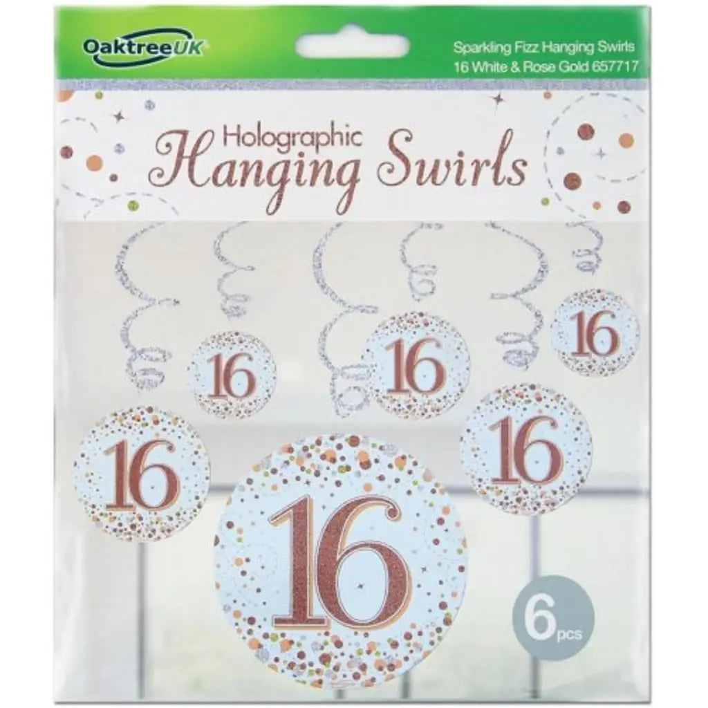 OaktreeUK Hanging Swirls 16 Birthday Sparkle Fizz Rose Gold 6Pk OT657717