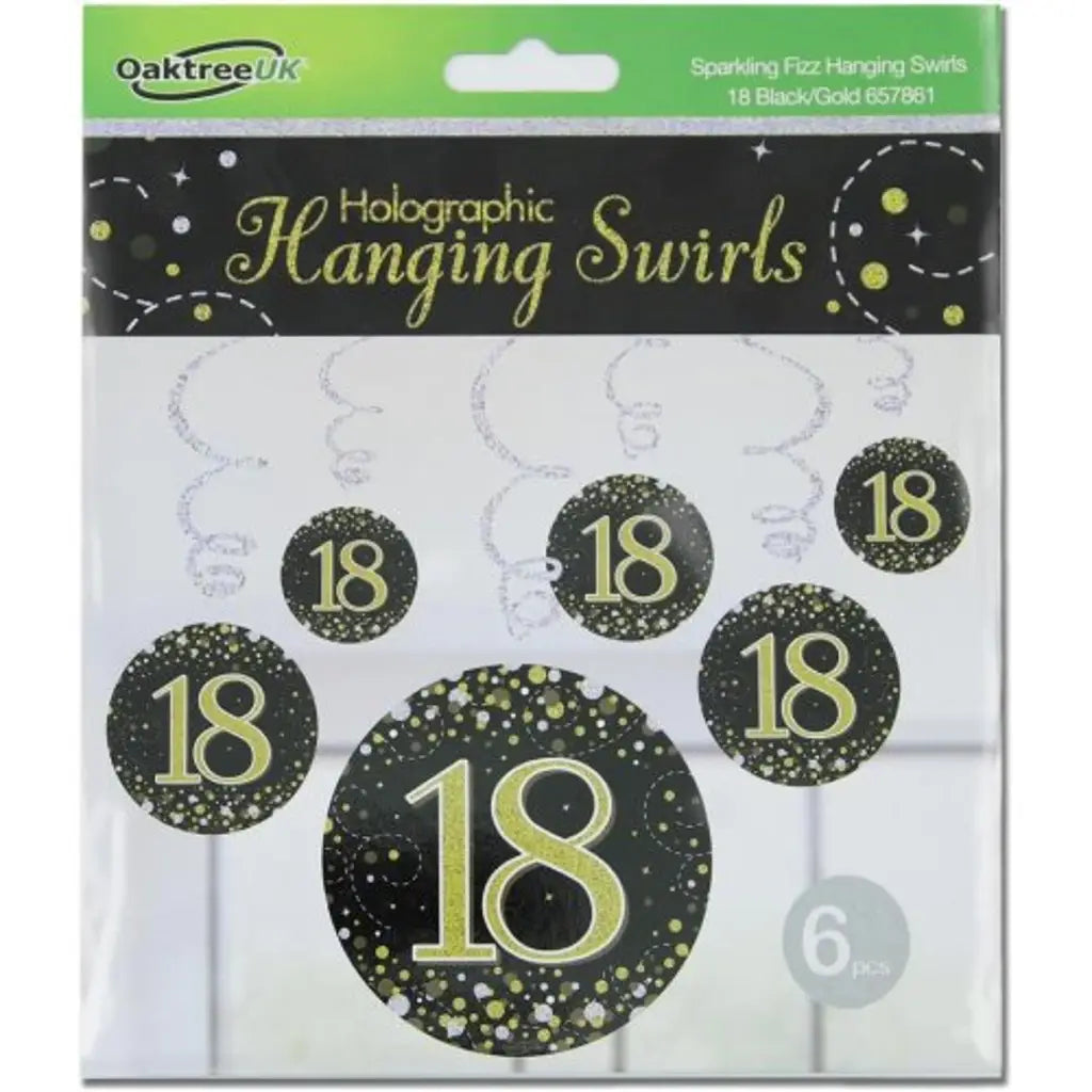 OaktreeUK Hanging Swirls 18 Birthday Sparkle Fizz Black Gold 6Pk OT657861
