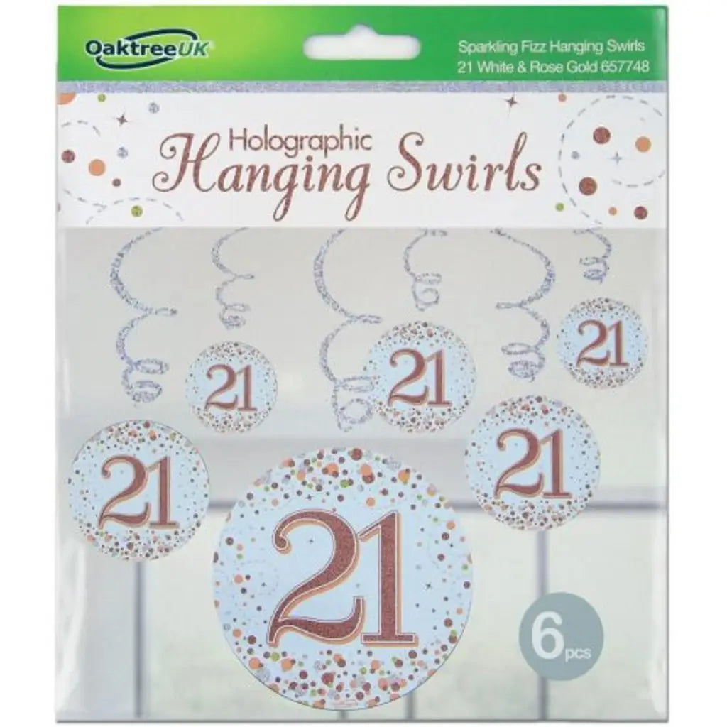 OaktreeUK Hanging Swirls 21 Birthday Sparkle Fizz Rose Gold 6Pk OT657748