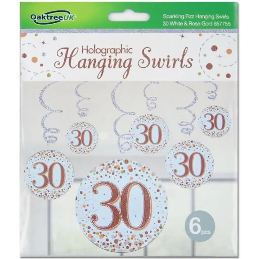 OaktreeUK Hanging Swirls 30 Birthday Sparkle Fizz Rose Gold 6Pk OT657755
