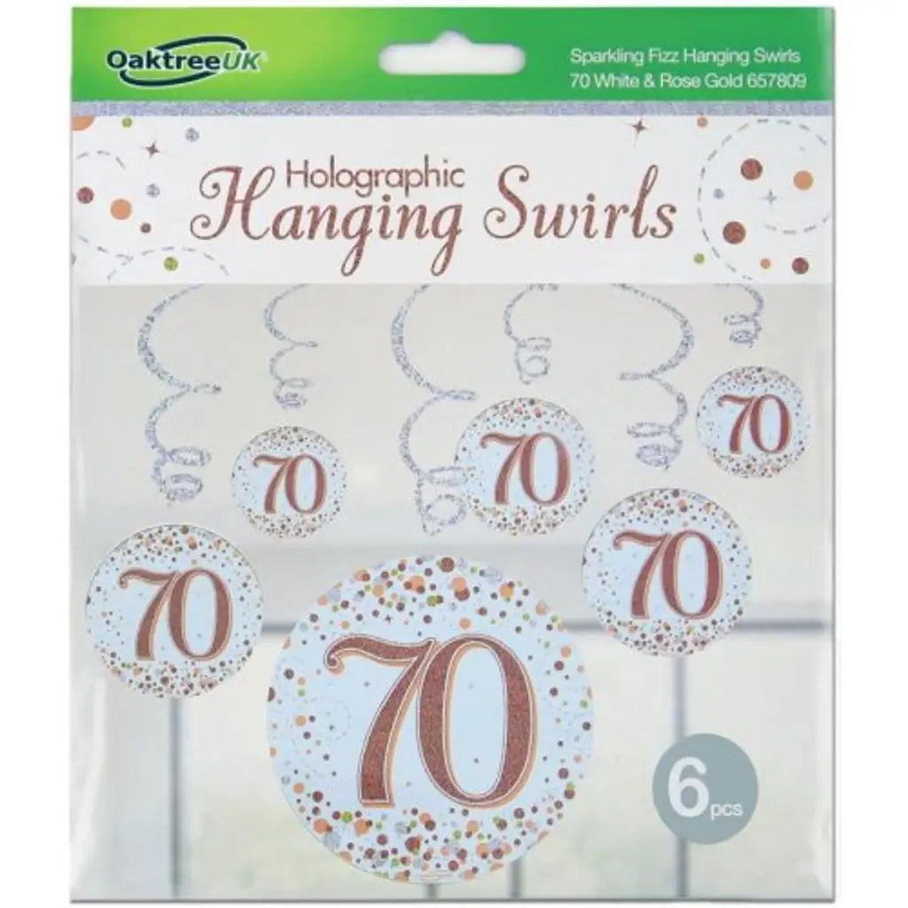 OaktreeUK Hanging Swirls 70 Birthday Sparkle Fizz Rose Gold 6Pk OT657809