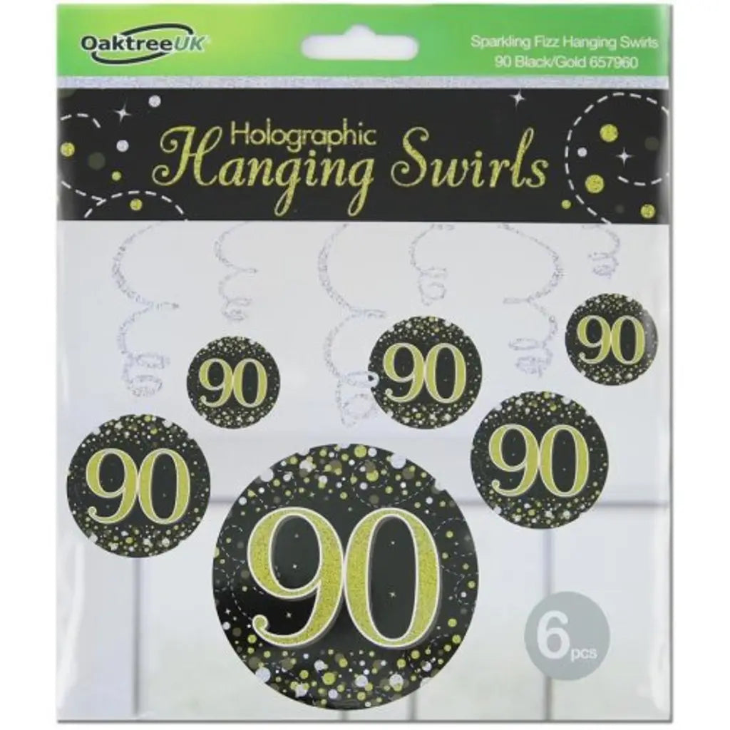 OaktreeUK Hanging Swirls 90 Birthday Sparkle Fizz Black Gold 6Pk OT657960