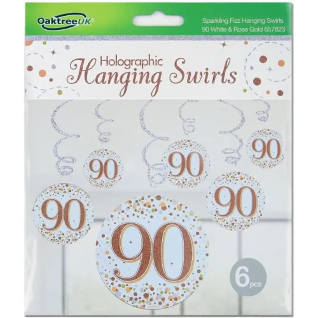 OaktreeUK Hanging Swirls 90 Birthday Sparkle Fizz Rose Gold 6Pk OT657823