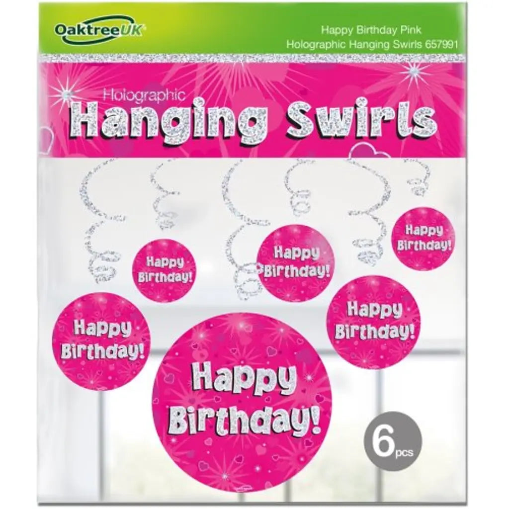 OaktreeUK Hanging Swirls Happy Birthday Pink 6Pk OT657991