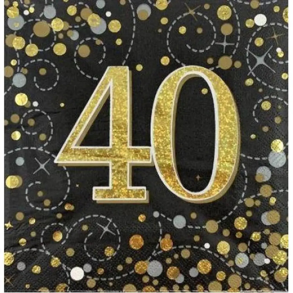 OaktreeUK Napkins 40 Birthday Sparkling Fizz Black Gold 330x330mm 3Ply 16Pk OT635982
