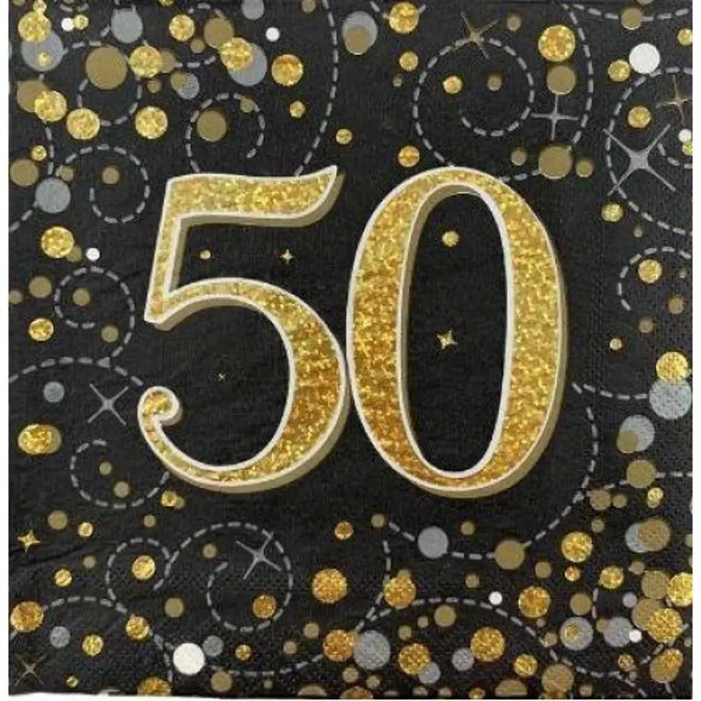 OaktreeUK Napkins 50 Birthday Sparkling Fizz Black Gold 330x330mm 3Ply 16Pk OT635999