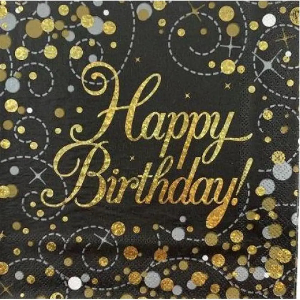 OaktreeUK Napkins Happy Birthday Sparkling Fizz Black Gold 330x330mm 3Ply 16Pk OT635920