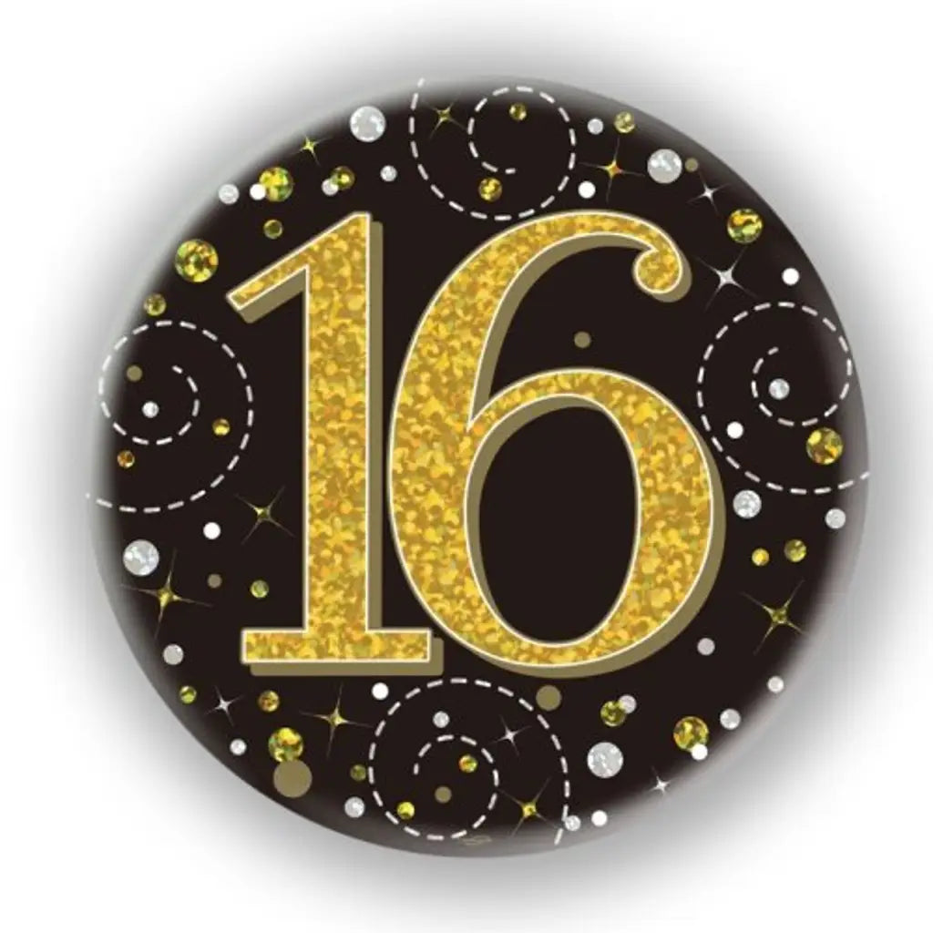 OaktreeUK Party Badge 16 Birthday Sparkling Fizz Black Gold 75mm OT654440