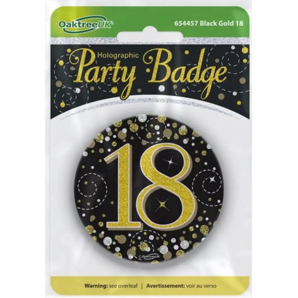 OaktreeUK Party Badge 18 Birthday Sparkling Fizz Black Gold 75mm OT654457