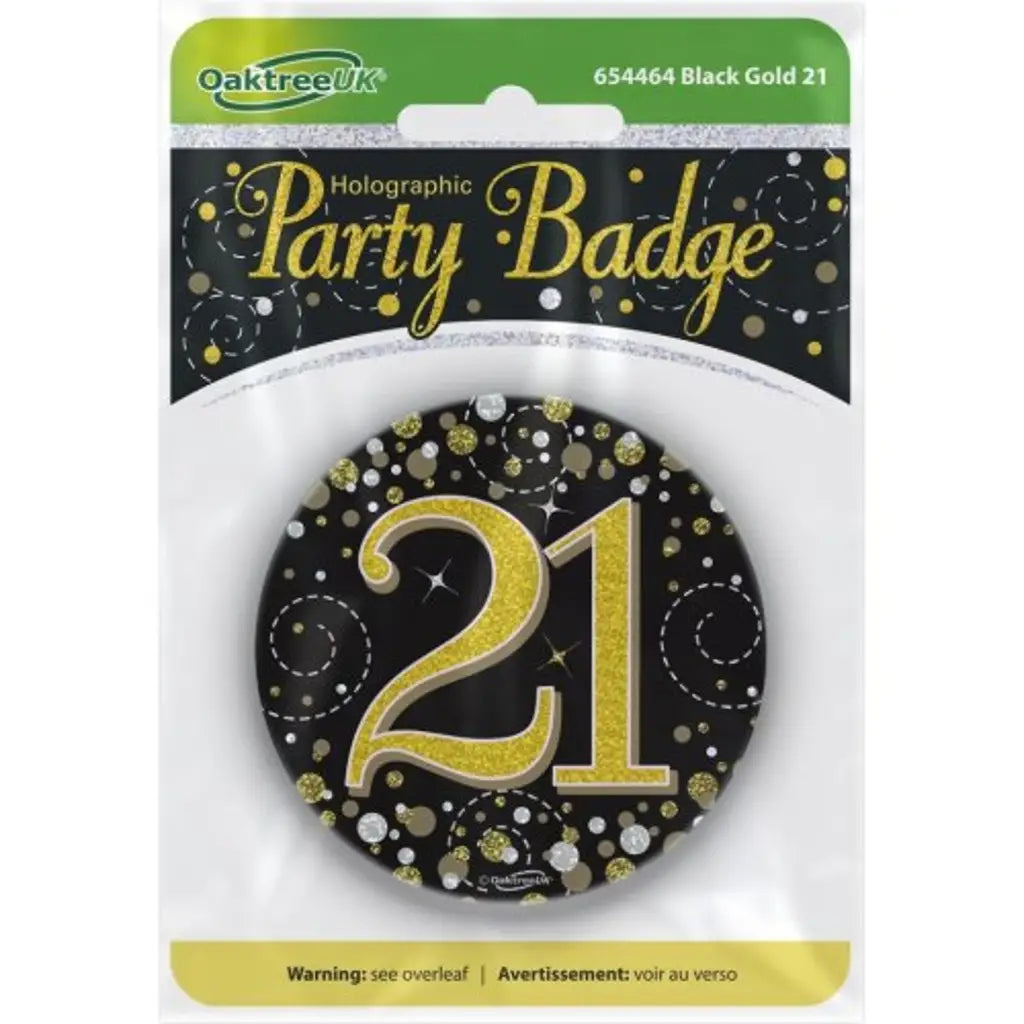 OaktreeUK Party Badge 21 Birthday Sparkling Fizz Black Gold 75mm OT654464