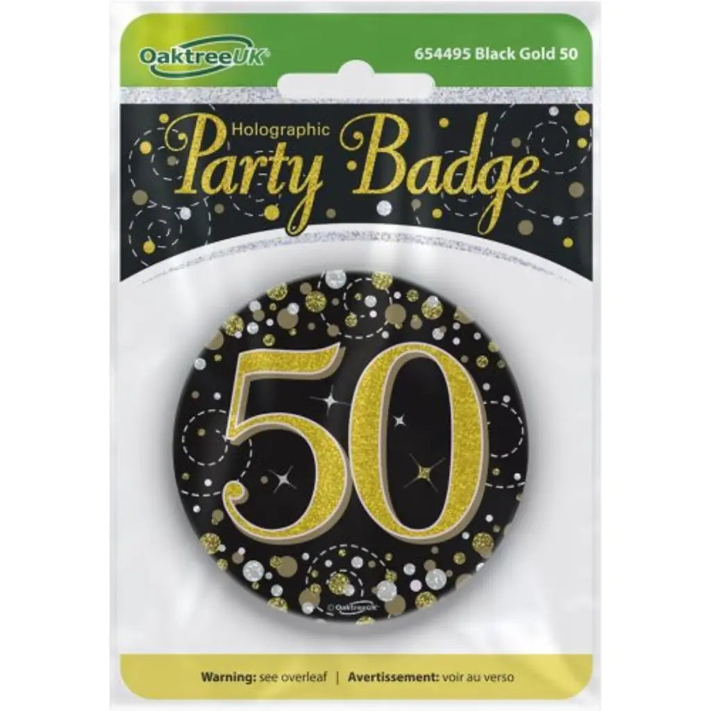 OaktreeUK Party Badge 50 Birthday Sparkling Fizz Black Gold 75mm OT654495