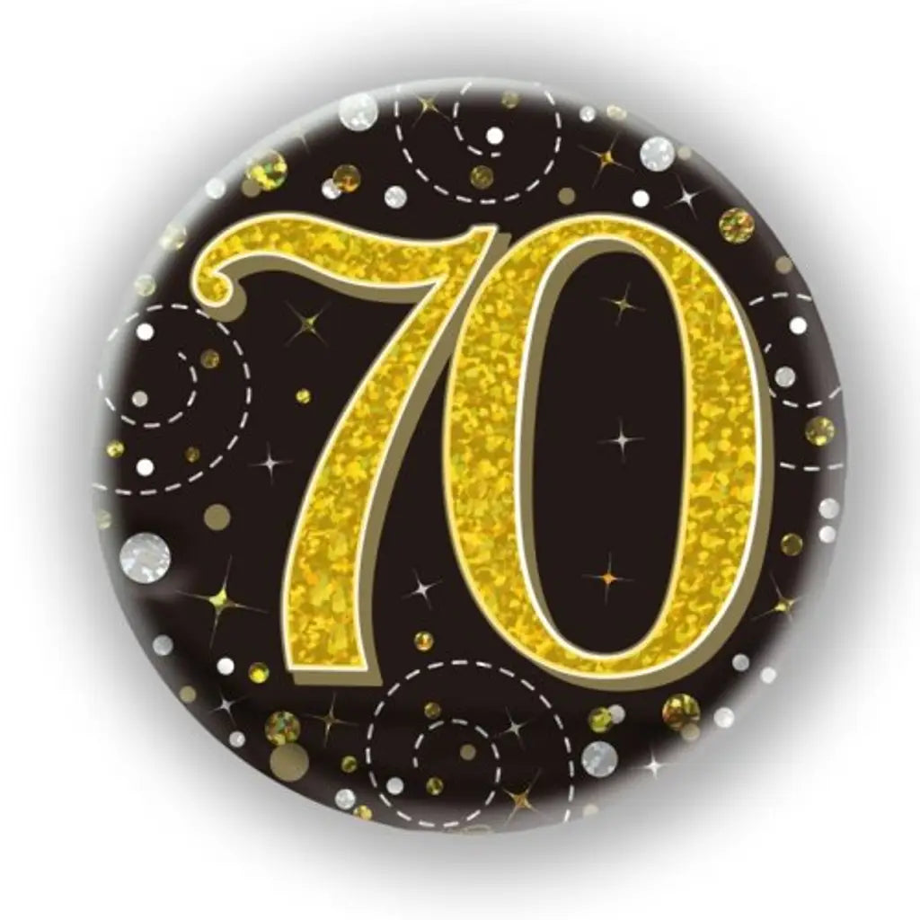 OaktreeUK Party Badge 70 Birthday Sparkling Fizz Black Gold 75mm OT654525