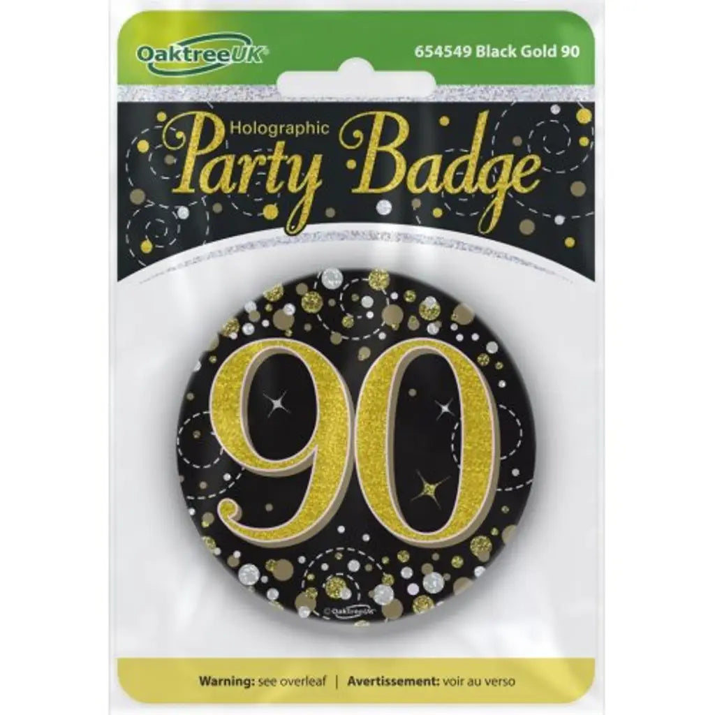OaktreeUK Party Badge 90 Birthday Sparkling Fizz Black Gold 75mm OT654549