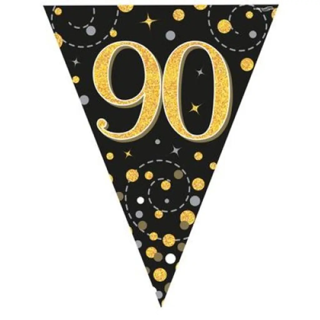 OaktreeUK Party Flag Bunting 90 Birthday Sparkle Fizz Black Gold 109610