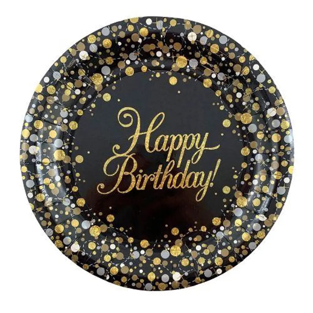 OaktreeUK Plates Happy Birthday Sparkling Fizz Black Gold 230mm 8Pk OT635890