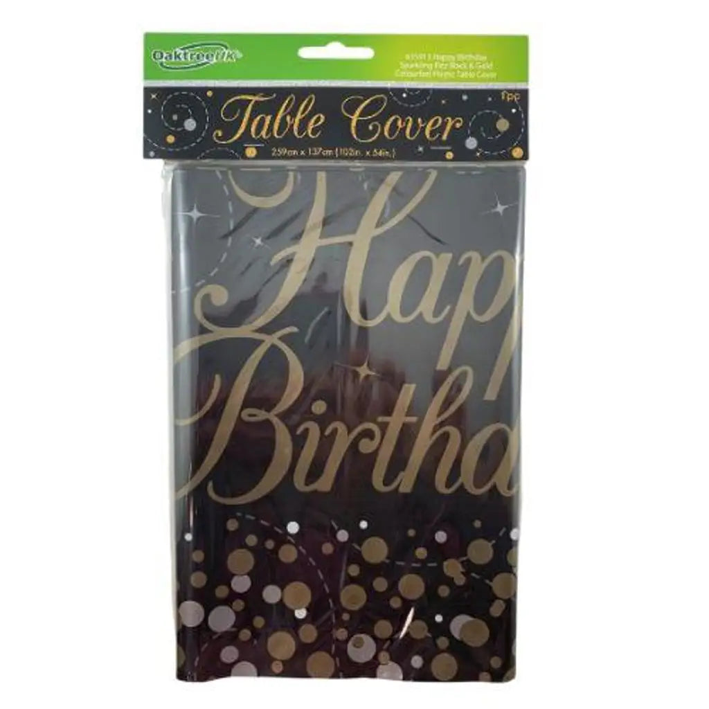 OaktreeUK Table Cover Happy Birthday Sparkling Fizz Black Gold 137x259cm OT635913