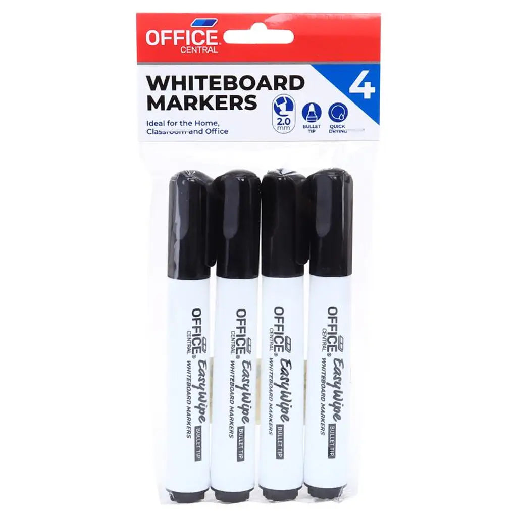 Office Central Black Whiteboard Markers EasyWipe Bullet Tip 2mm 4Pk 208845
