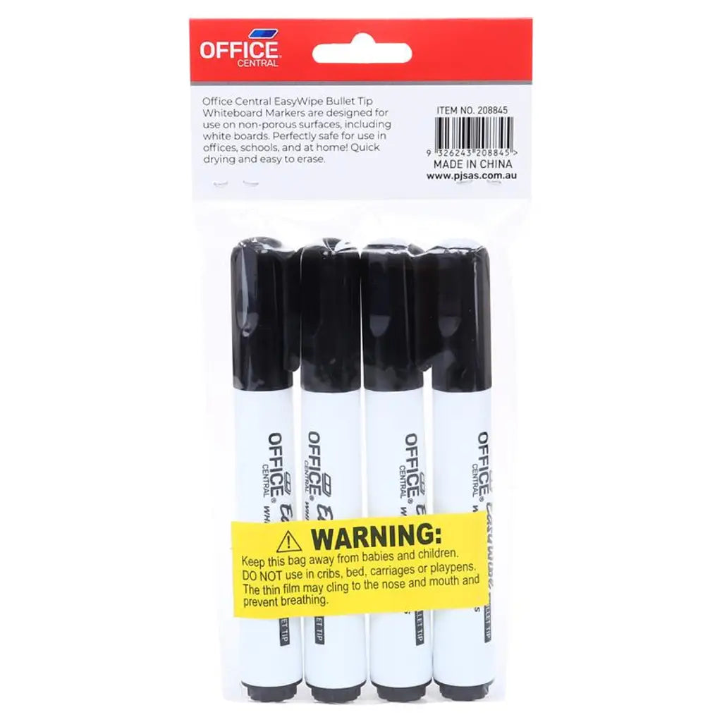 Office Central Black Whiteboard Markers EasyWipe Bullet Tip 2mm 4Pk 208845