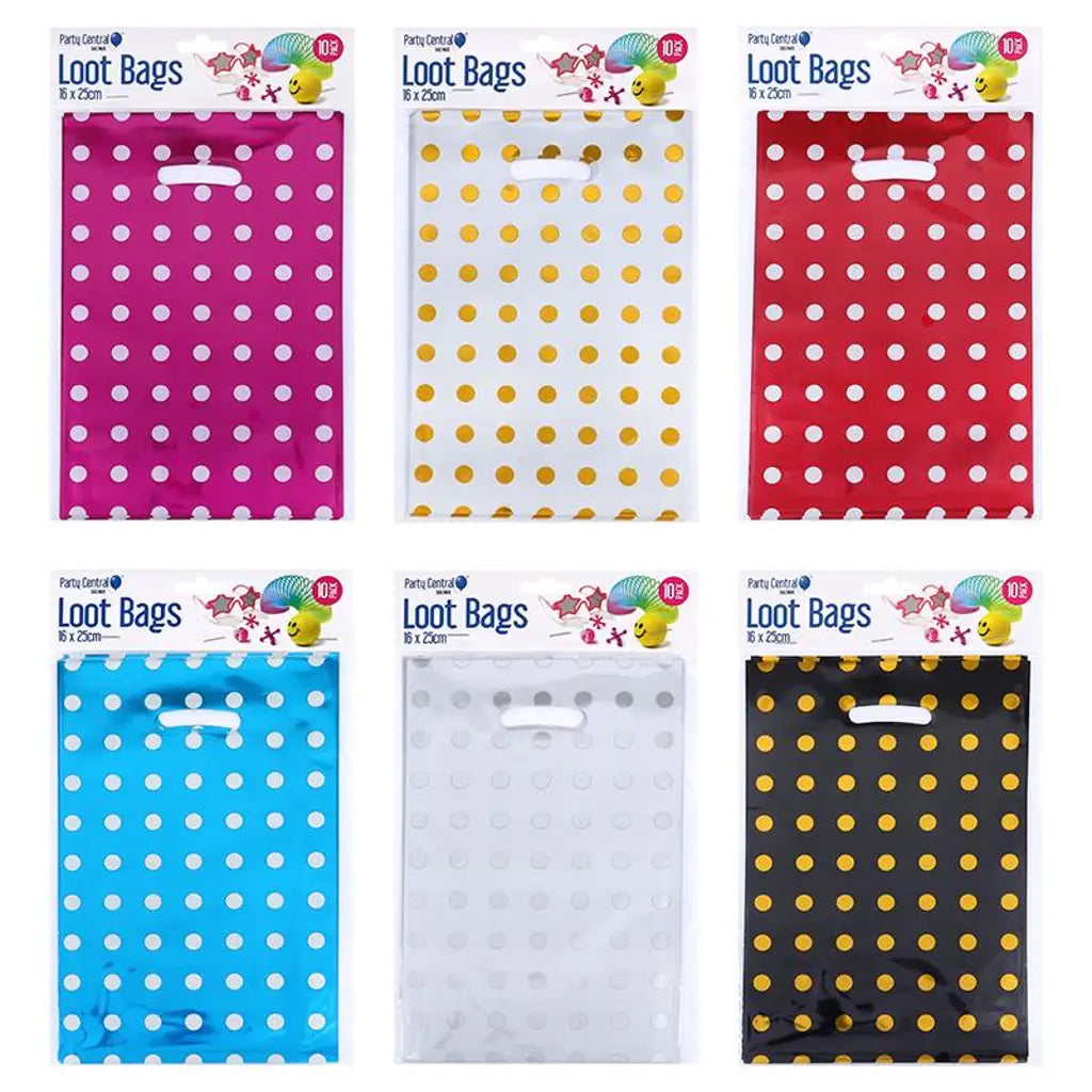 Party Central Foil Loot Bags Polka Dot Assorted Colours 16x25cm 10Pk 287758